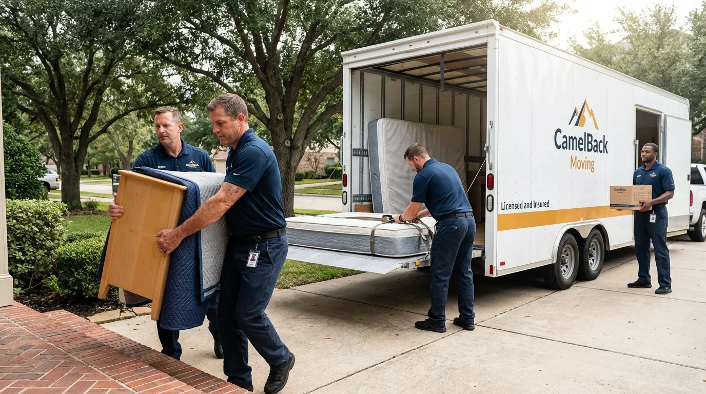 Crew loading residential truck for cross-state move from Port Aransas, TX