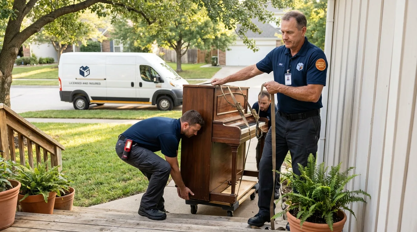Licensed piano movers securing grand piano in Port Aransas, TX