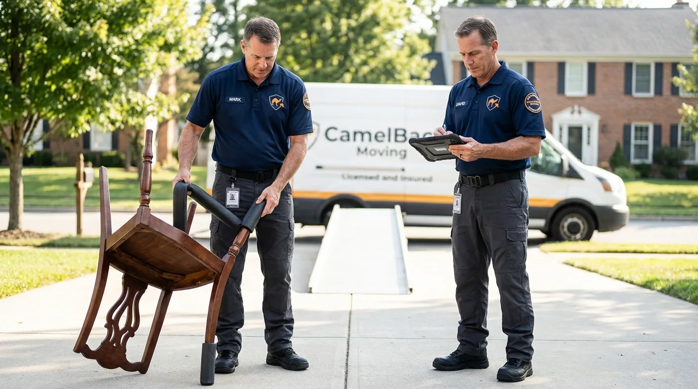 Movers inspecting furniture for damage prevention before loading in Port Aransas, TX