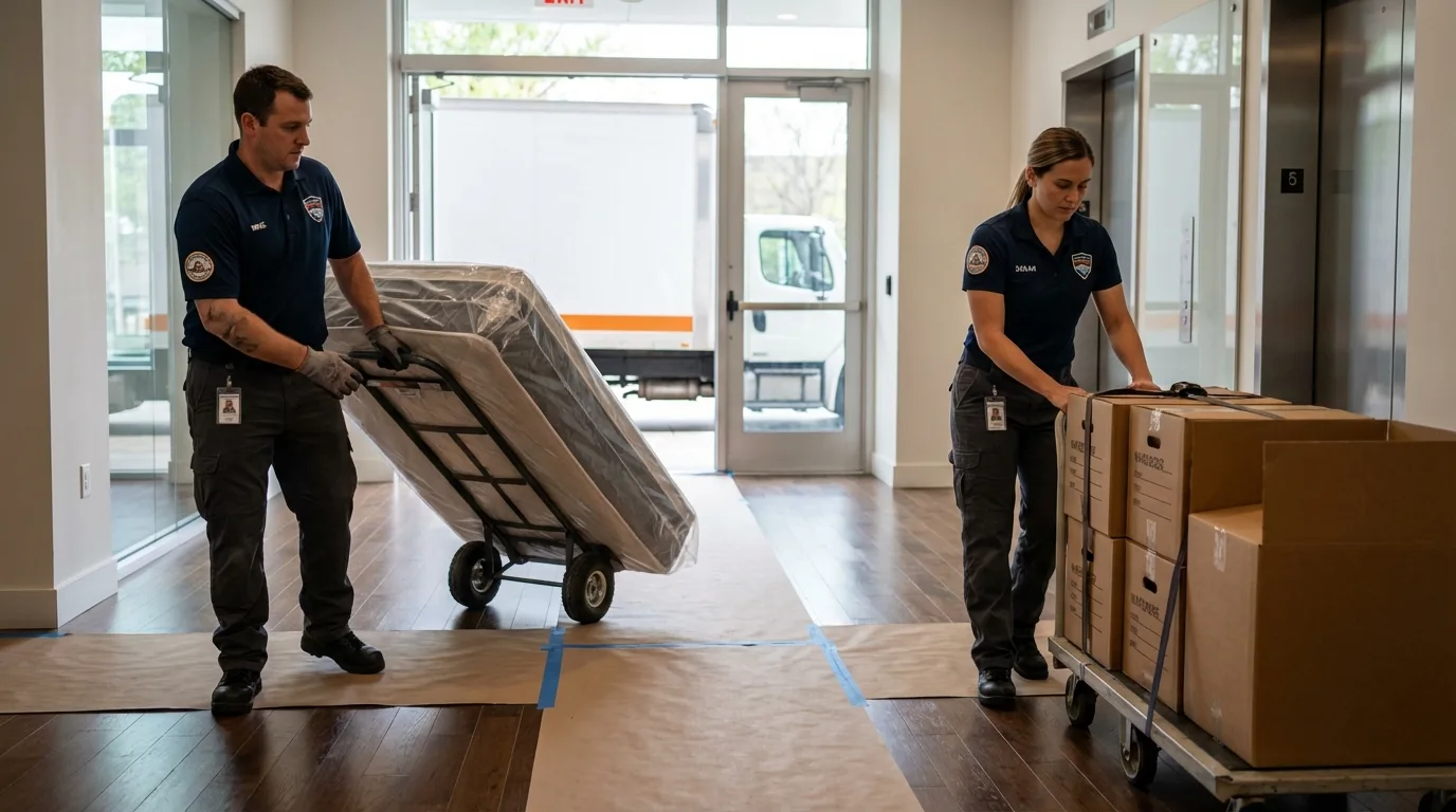 Professional apartment movers loading elevator in Port Aransas, TX