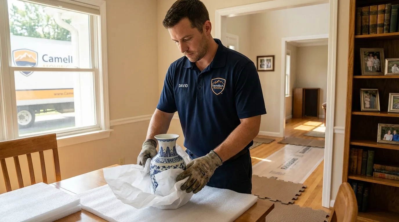 Professional crew carefully wrapping antique vase for senior downsizing move in Port Aransas, TX