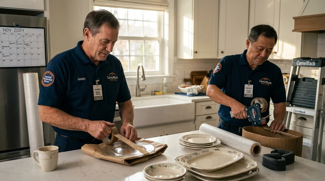 Professional crew packing kitchen dishware in Port Aransas, TX